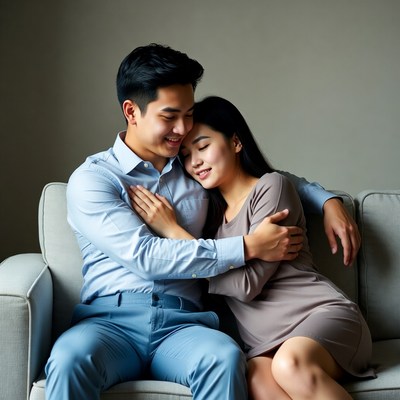Asian couple embracing on sofa