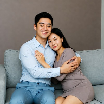 Asian couple embracing on sofa