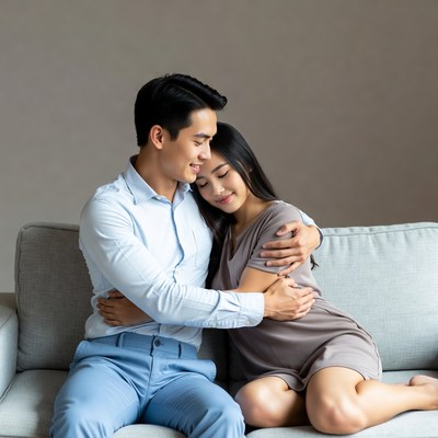 Asian couple embracing on sofa