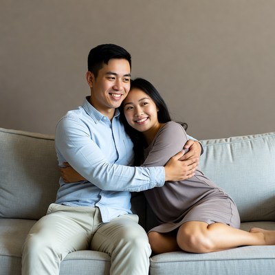 Asian couple hugging on sofa