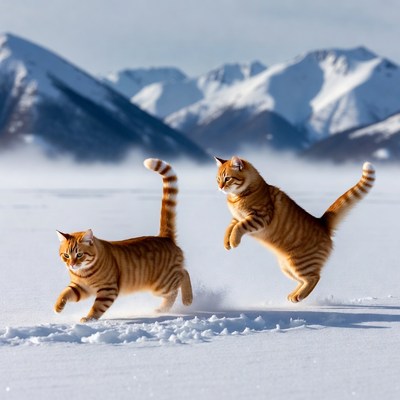 Two orange cats playing in snowy mountains