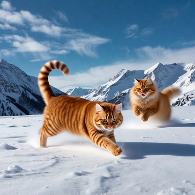 Two orange cats playing in snowy mountains