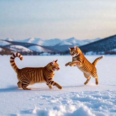 Two orange tabby cats playing on snowy lake