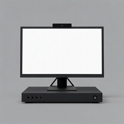Black monitor with webcam on stand
