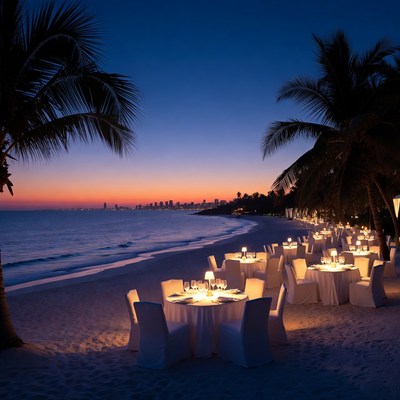 Empty beachfront dining tables at sunset