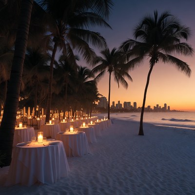 Candlelit Tables on Beach at Sunset