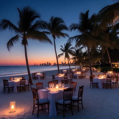 Romantic Beach Dinner Tables at Sunset