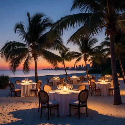 Romantic Beach Dinner Tables at Sunset