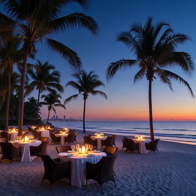 Beach resort dinner tables at sunset