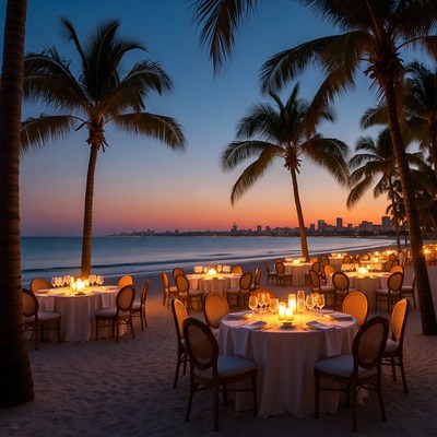 Romantic Beach Dinner Tables at Sunset
