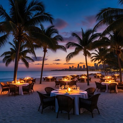 Romantic Beach Dinner Tables at Sunset
