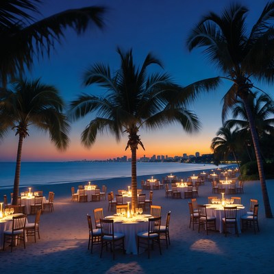 Romantic Beach Dinner Tables at Sunset