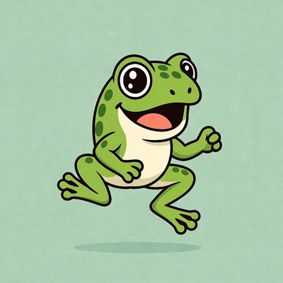 Cartoon green frog jumping happily