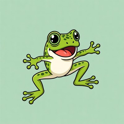 Cartoon green frog jumping happily