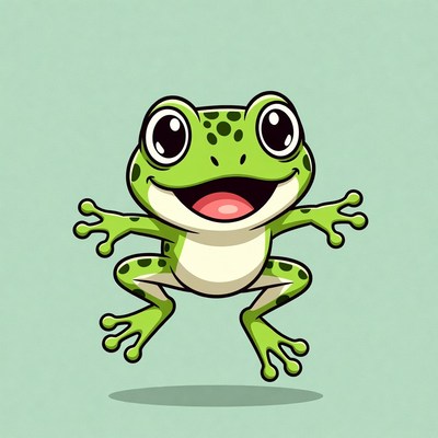 Cartoon green frog jumping happily