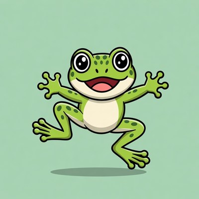 Cartoon green frog jumping happily