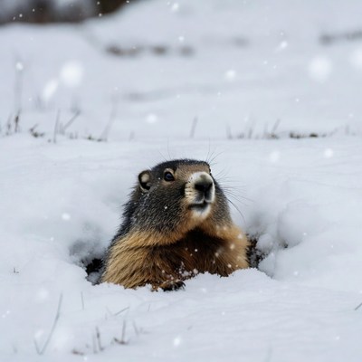 Groundhog emerging from snowy burrow