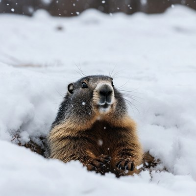 Groundhog emerging from snowy burrow