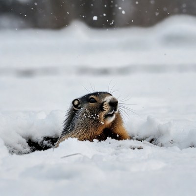 Groundhog emerging from snowy burrow