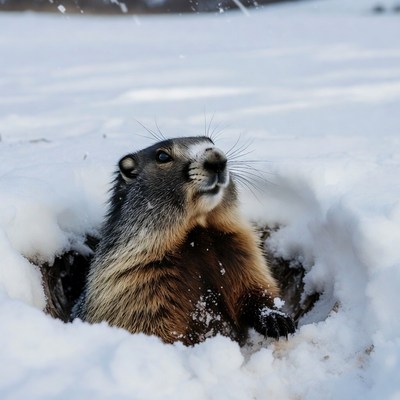 Marmot emerging from snowy burrow