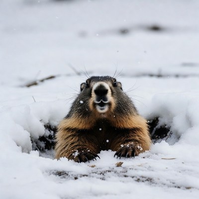 Groundhog emerging from snowy burrow