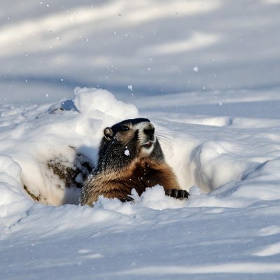 Groundhog emerging from snowy burrow