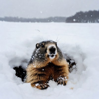Groundhog emerging from snowy burrow
