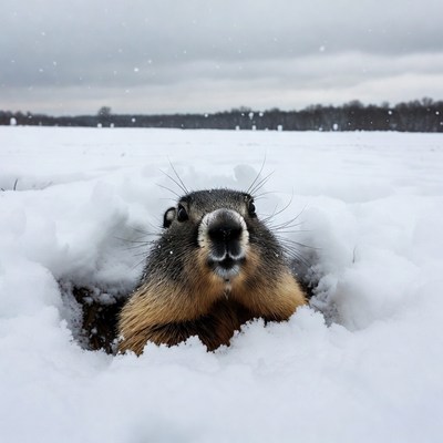 Groundhog emerging from snow burrow
