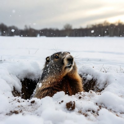 Woodchuck emerging from snowy burrow