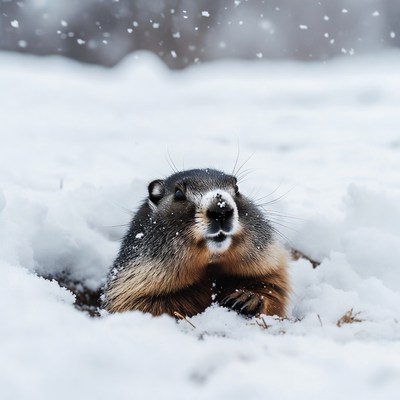 Groundhog emerging from snowy burrow