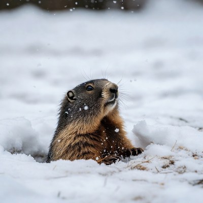 Groundhog emerging from snowy burrow