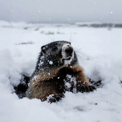 Marmot emerging from snowy burrow