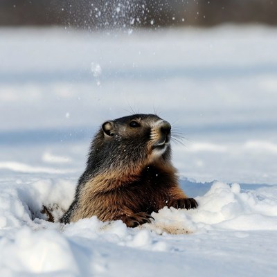 Groundhog emerging from snowy burrow
