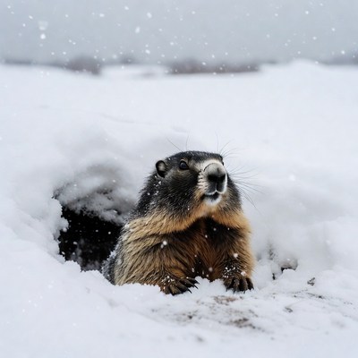 Marmot emerging from snowy burrow