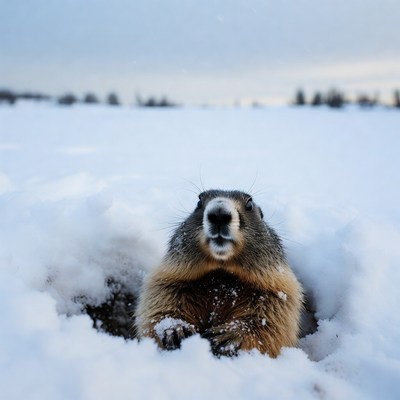 Groundhog peeking from snowy burrow