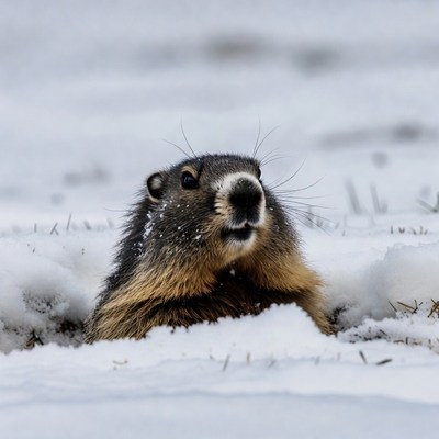 Groundhog emerging from snow