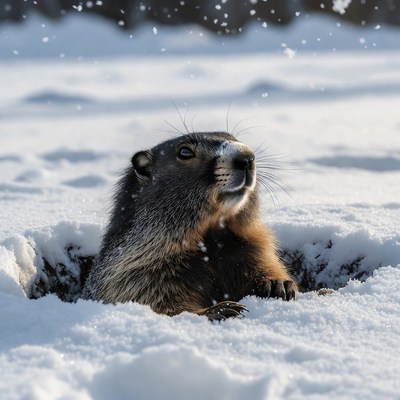 Groundhog emerging from snowy burrow