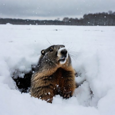 Woodchuck emerging from snowy burrow