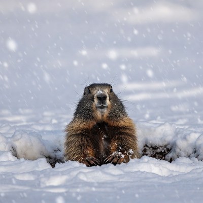 Woodchuck emerging from snow hole
