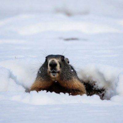 Marmot peeking from snow burrow