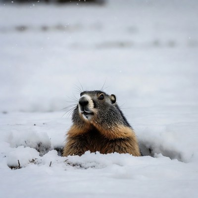 Groundhog emerging from snowy burrow