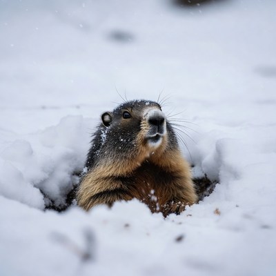 Marmot peeking from snow hole