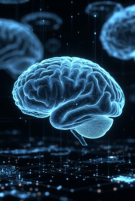 Glowing Blue Brain on Dark Grid