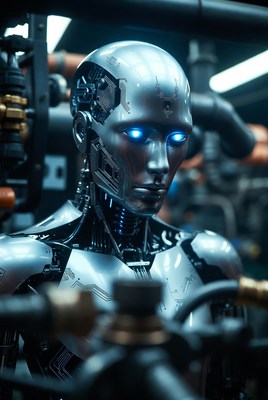 Silver humanoid robot in industrial factory