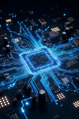 Glowing Blue Circuit Board Closeup