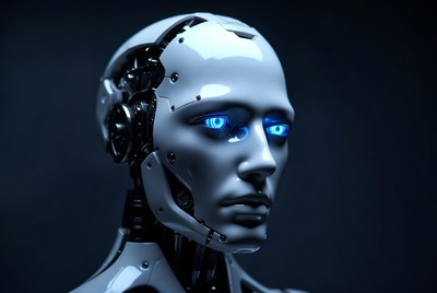 Futuristic robot head with blue eyes