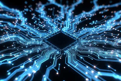 Glowing Blue CPU Chip Closeup