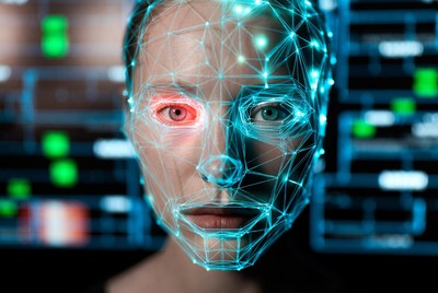 Woman's face with digital face scan