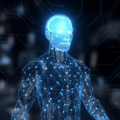 Glowing Blue Cyber Brain Man