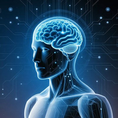 Glowing Blue Brain Man Profile